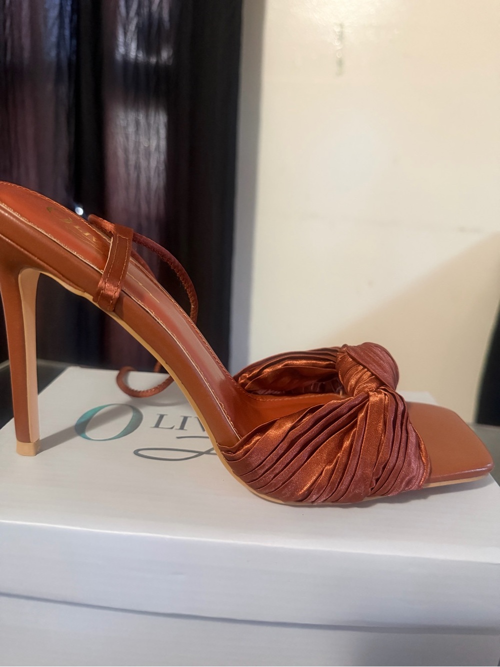 Satin Twist High Heel Mule in Copper Brown